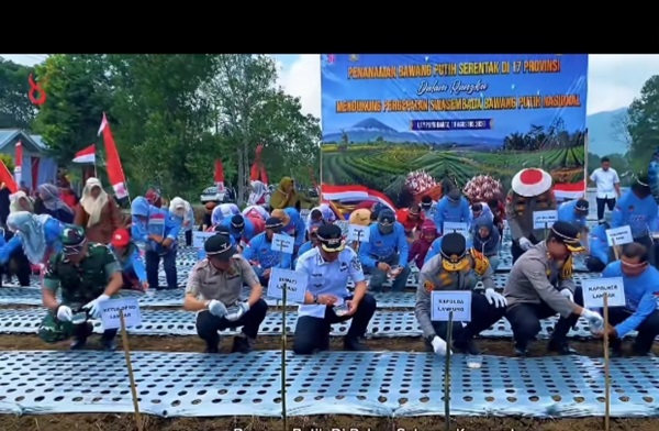 Bupati Lampung Barat Parosil Mabsus bersama Kapolda Lampung Irjen Pol. Helfi Assegaf, menanam bawang putih di Pekon Sebarus, Kecamatan Balik Bukit